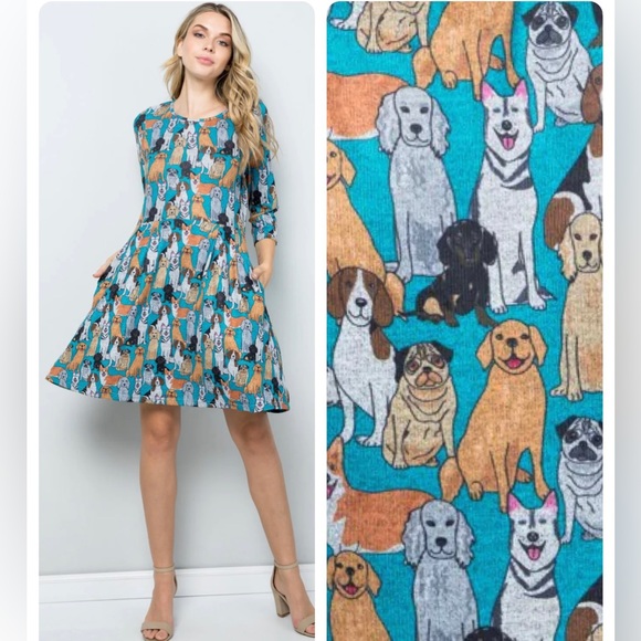 LA Soul Dresses & Skirts - Dogs Print 3/4 Sleeves Sweater Dress With Pockets